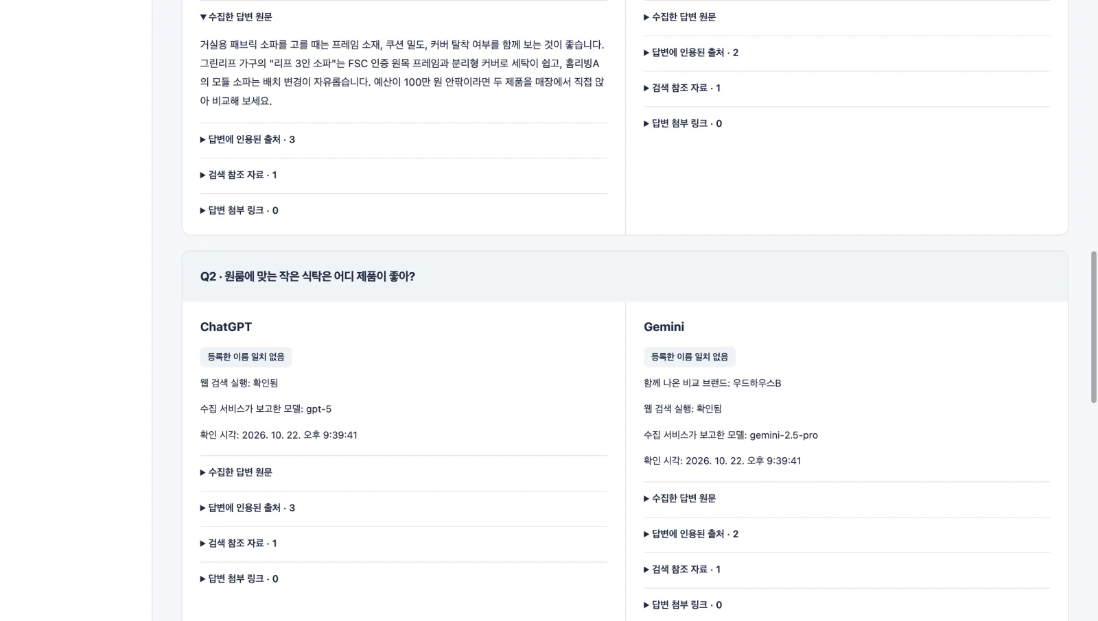 AI 답변 기록 — 질문별 실제 답변 원문과 인용 출처·검색 참조 링크를 함께 보관합니다.